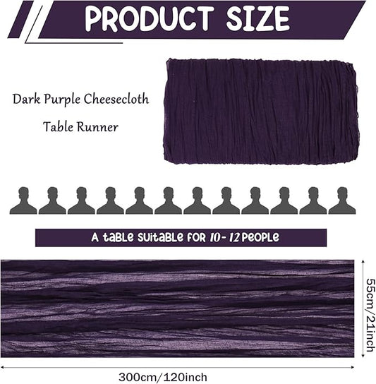 10 Pack Dark Purple Cheesecloth Table Runner 10FT Boho Gauze Fabric Table Runner Vintage Rustic Sheer Runners for Wedding Party Bridal Baby Shower Long Table Decorations