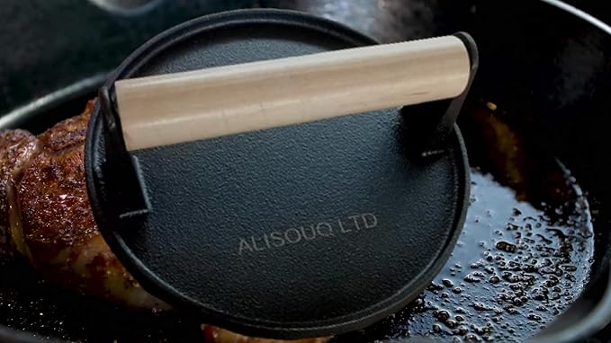 ALISOUQ 2Pcs Burger Smasher, Burger Smasher for Griddle, Heavy Duty Burger Press for Professional-Quality Patties, Hamburger Press with Wood Handle grilling Panini, Steaks, Bacon (Round & Rectangle)