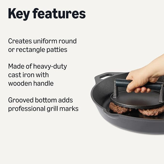 Amazon Basics Cast Iron Burger Press, 6.8 inch Round & 11.3 x 8.3 inch Rectangle, Black, 2pcs Set