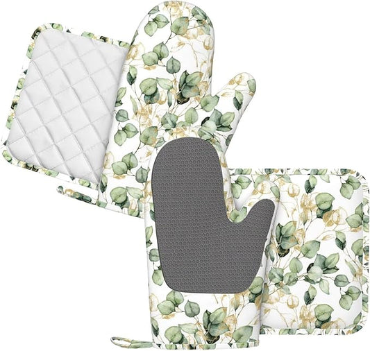 Gold Eucalyptus Branches Silicone Oven Mitts and Pot Holders Sets Green Leaves Kitchen Mitts Potholder Kitchen Accessories for Cooking Baking BBQ