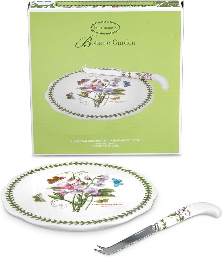 Portmeirion Botanic Garden 9-Inch Cheese Plate & 8-Inch Pronged Knife, Sweet Pea Motif - Durable Porcelain Tableware & Stainless Steel Flatware, Dishwasher Safe - Farmhouse Dinnerware Made in England
