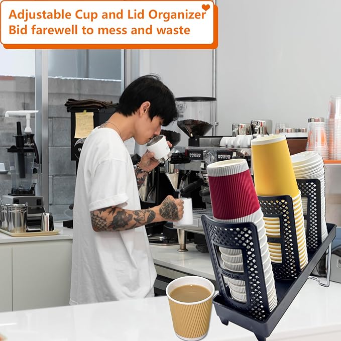 Paper Cup and Lid Holder,CIT ZCFYU Adjustable Disposable Coffee Cup Dispenser, 3-Slot Upright Plastic Cup Holder Organizer for Coffee Stations, Kitchens, Bars, Restaurants, Lounges (Black)