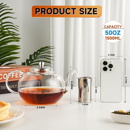 50OZ/1500ML Glass Teapot with Stainless Steel Removable Infuser & Lid, Stovetop & Microwave Safe Clear Borosilicate Glass Tea Maker Water Kettle for Loose Leaf Blooming Tea