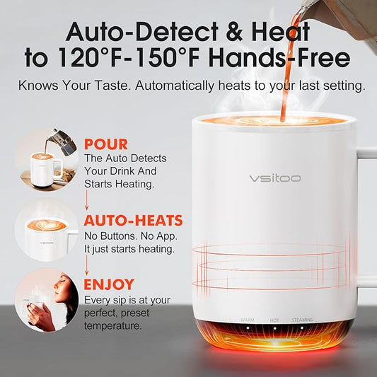 Vsitoo S3 Plus 14oz Heated Coffee Mug - Temperature Control Smart Mug with Mug Warmer, Auto-Sensing AI Heats Drinks to 120-150°F Hands-Free.Ideal for Home/Office/Gifts,White