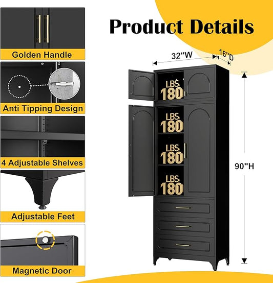Kitchen Pantry Cabinet,90" Storage Cabinets with Doors and Shelves,Metal Pantry Cabinet with 3 Drawers,Black Kitchen Cupboard for Livingroom,Pantry, Bathroom