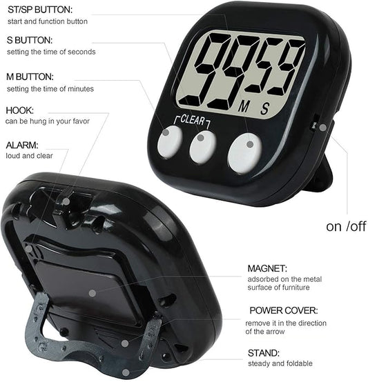 12 Pack Digital Kitchen Timer Large LCD Display Loud Alarm Strong Magnetic Stand, Minute Seconds Count Up Countdown and Simple Operation Timers for Cooking, Bathroom, Kids, Teacher, Classroom - Black
