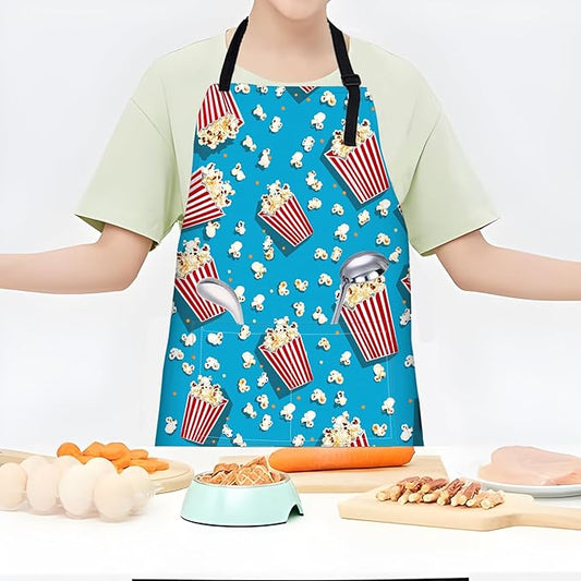Popcorn Movie Apron,Adjustable Waterproof Oxford Fabric Kitchen Apron with 2 Pockets for Men and Women, Cooking, Baking, BBQ, Coffee Shop, Housewarming Gifts, 28x33 Inches
