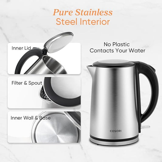 Cosori Electric Kettle, No Plastic Inner Lid, Filter & Spout, Stainless Steel Tea Kettle, Automatic Shut Off & Boil-Dry Protection, Durable Tea Kettle Boiler & Heater, 1.5L/1500W, Silver