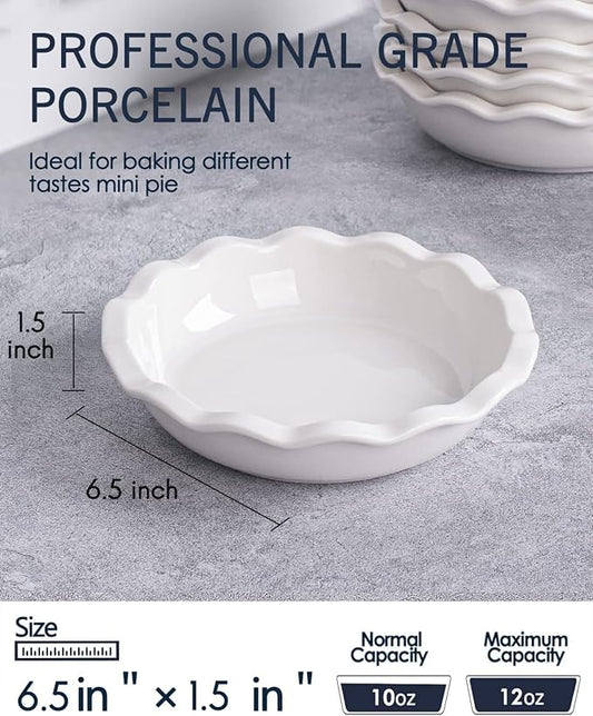 Taeochiy Ceramic Mini Pie Pans, 6.5 Inch Individual Small Pie Pans, 12 Oz Pie Dish Ramekins for Baking Chicken Pot Pie, Quiches, Fruit Pies, Set of 6, White