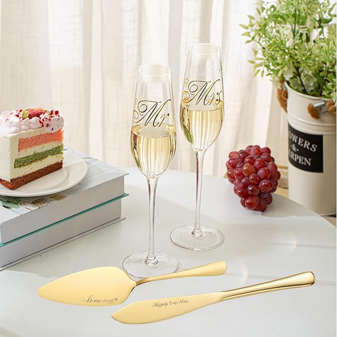 Wedding Cake Knife And Server Set, Mr and Mrs Champagne Flute Glasses With Cake Cutting Set For Wedding Glasses For Bride And Groom