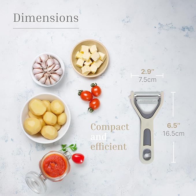 3 in 1 Vegetable Peeler – Julienne Slicer with Bottle Opener and Built-in Eye Remover – Stainless Steel Blade with Comfortable Handle – Potato, Cabbage, and Carrot Peeler for Kitchen – Cream & Grey