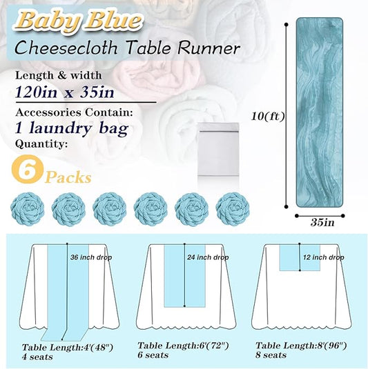 Baby Blue Cheesecloth Table Runner 6 Pack 35" Boho Gauze Runner 120 inches Long Runner Rustic Sheer Fabric Bulk for Baby Shower Wedding Bridal Birthday Party Table Decorations