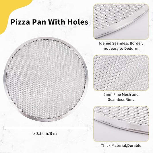 BUWUSMU 8 Pcs 8 Inch Pizza Pan with Holes Aluminum Mesh Pizza Screen Seamless Round Mesh Pizza Tray for Oven Nonstick Baking Pizza Sheet for Home Kitchen Bakery Restaurant BBQ Party Cookware Supplies