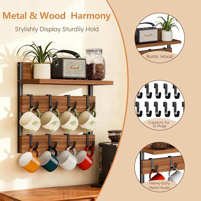 2-in-1 Coffee Mug Holder Wall Mount, 4-Tier Coffee Mug Rack Wall Mounted with 16 Adjustable Hooks and Storage Shelf, Wooden Cup Hanger Organizer for Home Kitchen Display and Collection