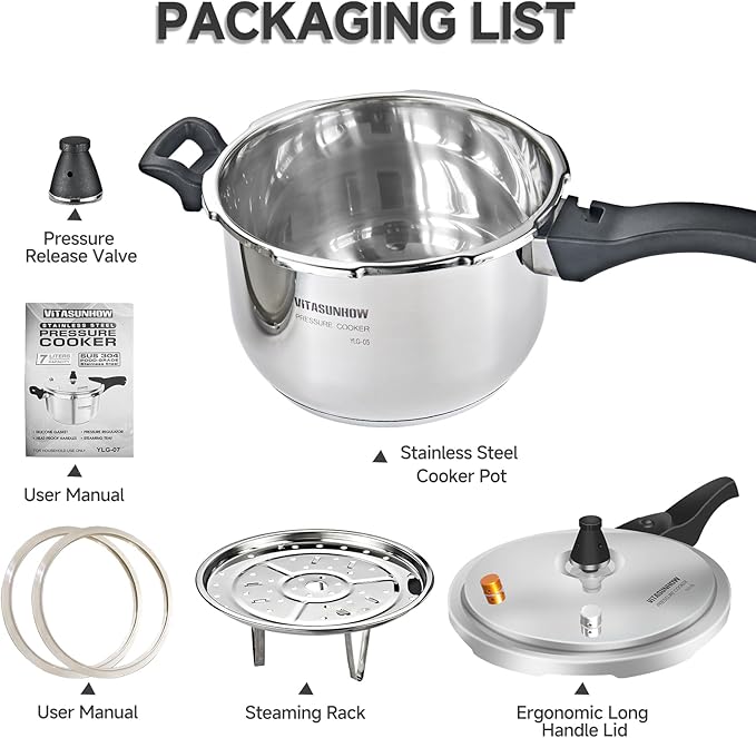 VITASUNHOW Stainless Steel Pressure Cooker with Steamer Basket, Faster Cooking and Safety Pressure Release (9-Liter)