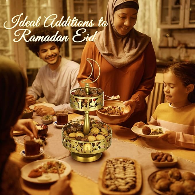 2 Tiered Ramadan Serving Trays Decorations for Home - Eid Mubarak Metal Platters Table Decor Gifts, Islam Muslim Al-Fitr Iftar Party Food Display Dishes (Palace Pattern)