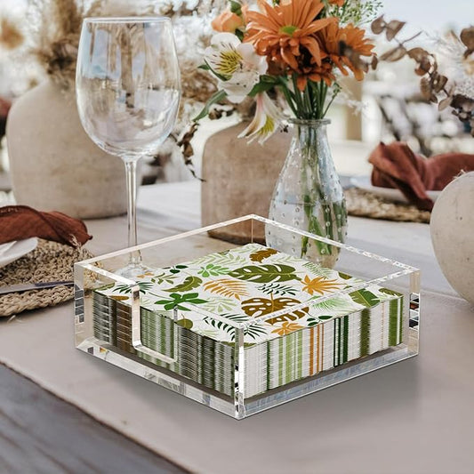HIIMIEI Acrylic Napkin Holder for Table: Square Luncheon Napkin Tray, Flat Decorative Guest Towel Holder for Bathroom, Kitchen, Bar, Dinner, Party, 7.6 x 7.6 inches(Clear)