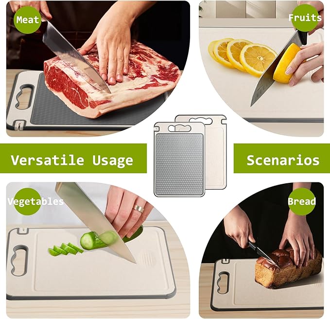 NTIERA 3-in-1 Stainless Steel Cutting Board for Kitchen, Double Sided,Non Toxic Cutting Board,Scratch-Resistant Mesh Design with Juice Groove,Easy Clean,Wheat Straw PP Large Chopping Board 15''*10''