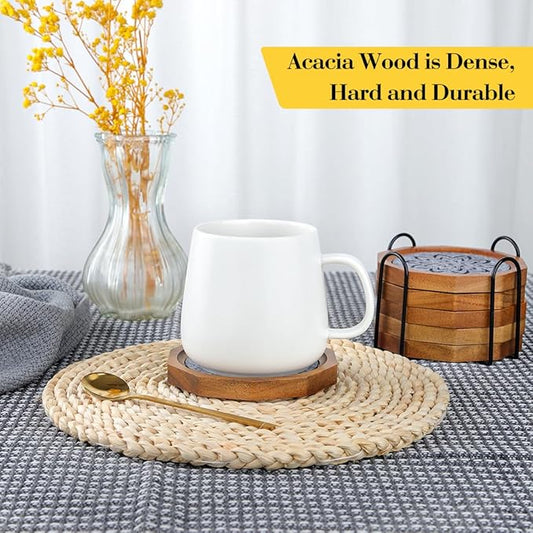 Wood Coasters for Drinks Absorbent with Lip, 4.3 Inch Acacia Wood Grey Felt Coaster with Holder for Wooden Coffee Table for Cups, Mugs, and Glasses - Set of 6