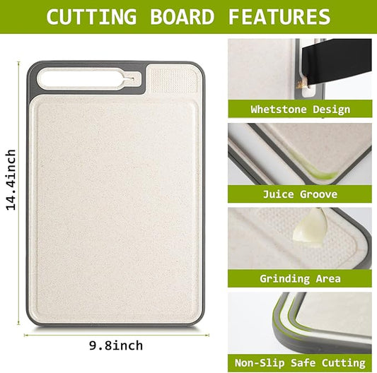 NTIERA 3-in-1 Stainless Steel Cutting Board for Kitchen, Double Sided, Cutting Board,Scratch-Resistant Mesh Design with Juice Groove,Easy Clean,Wheat Straw PP Large Chopping Board 15 * 11IN