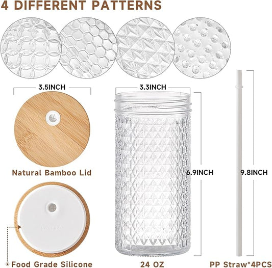 Hyperspace 4Pack Glass Tumblers with Bamboo Lids and Straws, 24 OZ Wide Mouth Mason Jar Drinking Glasses Travel Bottles with Varitey of Patterns for Multi Use