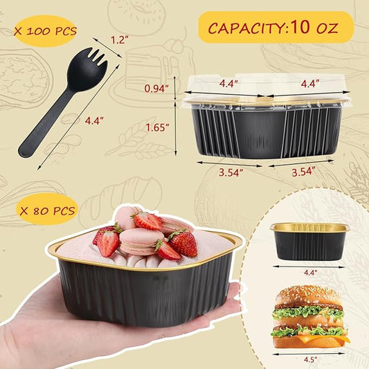 LNYZQUS 10oz/80pack Mini Cake Pans with Lids, Small Foil Baking Tins Brownie Baking Cups,4”x4” Disposable Ramekins Jumbo Cupcake Muffin Pan Mini Aluminum Containers Holders-Black