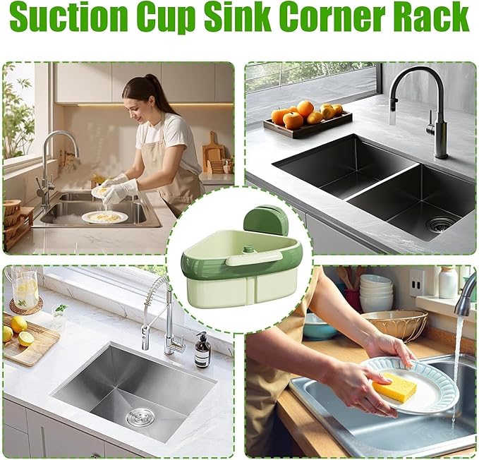 Corner Sink Strainer Food Waste Catcher for Sink, 2025 New Upgraded Suction Cup Press Sink Drainer Basket, Automatic Dumping Sink Strainer Basket (Green)