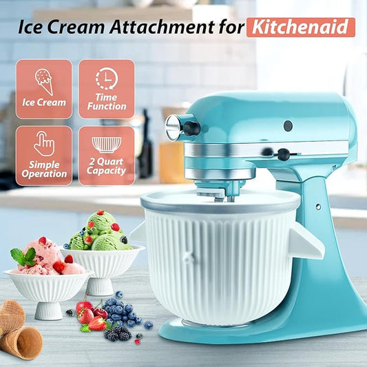 Ice Cream Maker Attachment for KitchenAid Stand Mixer, Ice Cream Bowl Compatible with 4.5Qt and Larger Stand Mixers, Frozen Yogurt Ice Cream & Sorbet Gelato Maker Attachment, 2 Quart, White