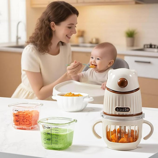 Baby blender food maker, PLODON 15-in-1 baby food processor set, suitable for fruits, vegetables, and meat, compatible with stage-based recipes, separator, silicone spoon, scraper, (WHITE)