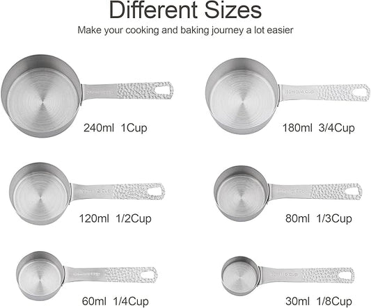 Measuring Cups Set, 18/8 Stainless Steel Measuring Cups Set for Kitchen & Baking, Dry & Liquid 6 Measuring Cups with 1 Rings, Nesting Metric & US Measuring Cup Set