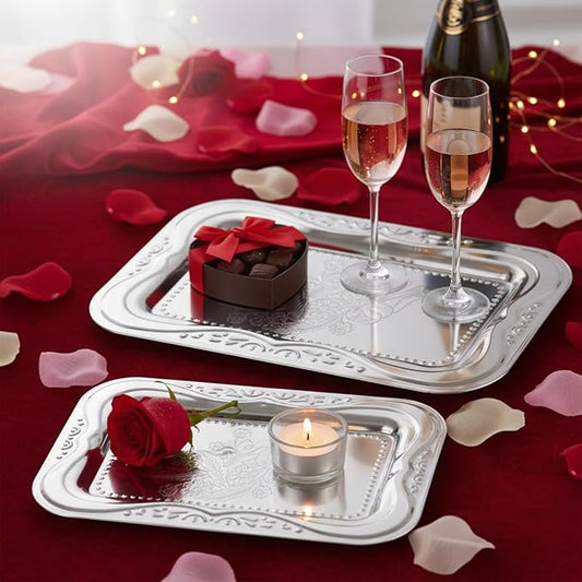 4-Pack Silver Serving Trays Set - ZENOVLUX Lightweight Bow Floral Engraved Mirror Decorative Tray, 13.8" x 8.7" Party Platters for Valentine's Day, Food, Appetizer, Charcuterie, Cookies, Desserts