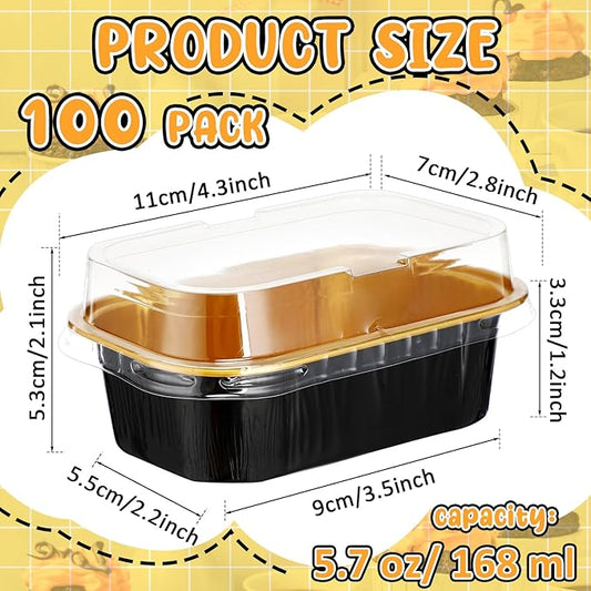 Vesici 100 Sets Mini Loaf Pans with Lids, 5.7 oz Disposable Aluminum Foil Baking Cups, Rectangle Cake Pans for Pudding Desserts Muffin Baking Storage Valentines Wedding Birthday Party(Black Gold)