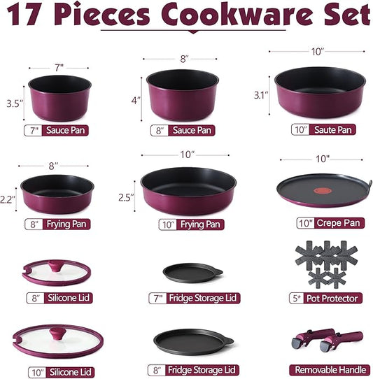 SENSARTE 17 Piece Pots and Pans Set, Nonstick Detachable Handle Cookware Set, Induction Thermo-Signal Cookware Set with Removable Handle, Healthy Non Stick for RV, Dishwasher & Oven Safe (Purple)