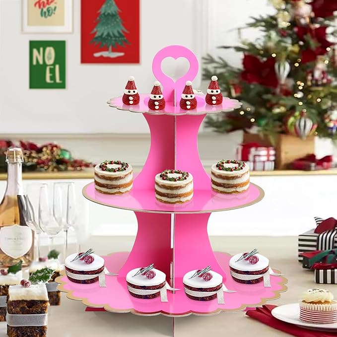 Soleebee 3-Tier Cupcake Stand, Cardboard Cupcake Tower, Cup Cake Stand Tower for Birthday Wedding Party Decoration, Cupcake Tier Stand Fruit Desserts Display 1 Set (Hot Pink Gold)