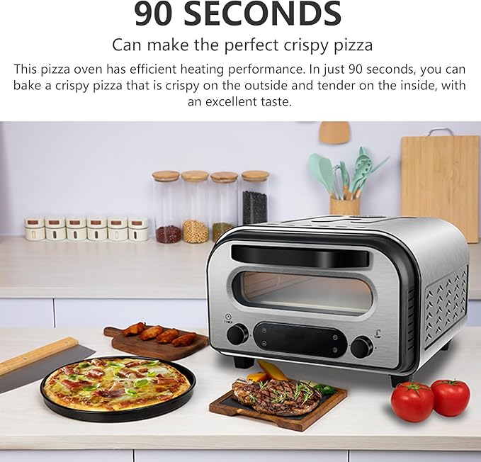 QERPRE Electric Pizza Oven Indoor 1700W Countertop Pizza Maker Fast Heating up to 850°F Touchscreen 6 Preset Modes Adjustable Timer & Temp Knobs Used for Commercial & Home Kitchen in Silver