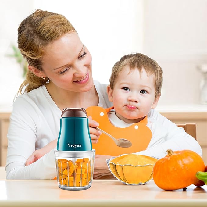 Vroyuir Baby Food Maker, 600ML Baby Food Blender with 10 Blades, Baby Food Processor for Baby Food, Fruit, Vegatable, Meat, with Two 200ml Glass Bowls, Storage Bag, Cleaning Brush, Scraper