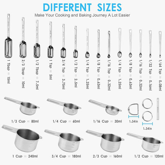 Measuring Cups and Spoons Set 22, 18/8 Stainless Steel Long Hanlde Measuring Spoons & Mini Measuring Spoons and 1 Leveler, Metric & US Measure Cup and Spoon for Dry and Liquid