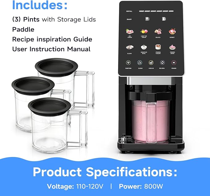 Valentine’s Day Gift – Ice Cream Maker & 10-in-1 Frozen Treat Maker, 60 oz 3 Pint, Mix-In + Re-Spin for Creamier Texture, Gelato/Sorbet/Slushie/Frozen Yogurt/Milkshake/Smoothie Bowls, Recipe Guide