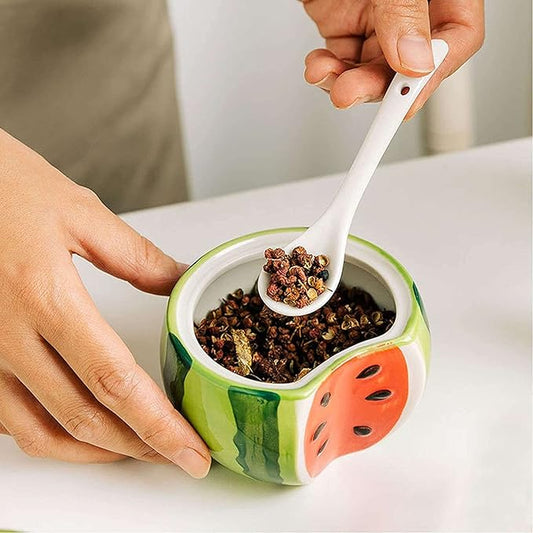 Ceramics Fruit Shaped Sugar Bowl Salt Pot Pepper Storage Jar with Lid and Spoon Seasoning Box Condiment Pots (Watermelon)