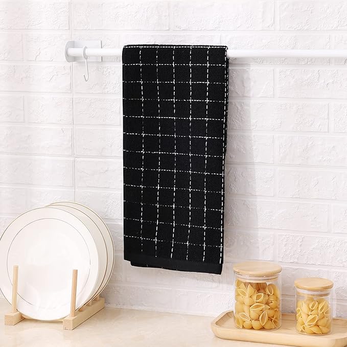 Mordimy 100% Cotton Terry Cloth Kitchen Towels, Super Soft and Absorbent Dish Towels for Drying, Checkered Designed Hand Towels for Kitchen, 16 x 26 Inches, 6 Pack, Black