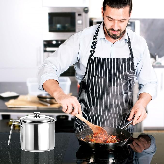 QWORK 1.8L Stainless Steel Grease Container with Fine Mesh Strainer, 61oz Bacon Oil Can for Kitchen Cooking Oil & Fat Storage, Heat Resistant 304 Stainless Steel Oil Filter Pot
