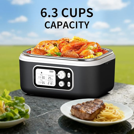 Cordless Electric Heated Lunch Box, 1.5L 6.3Cups 24000mAh Rechargeable Battery Self-Heating Lunch Box, Smart Timer, Even Heating, 100W Portable Food Warmer for Office, Picnic, Car, Outdoor