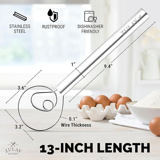 Zulay Kitchen 13-Inch Danish Dough Whisk - Stainless Steel Danish Whisk for Cooking with Dough Hook - Traditional Dutch Whisk - Bread Whisk for Sourdough, Pizza, Pastry, Cake Batter - Stainless Steel
