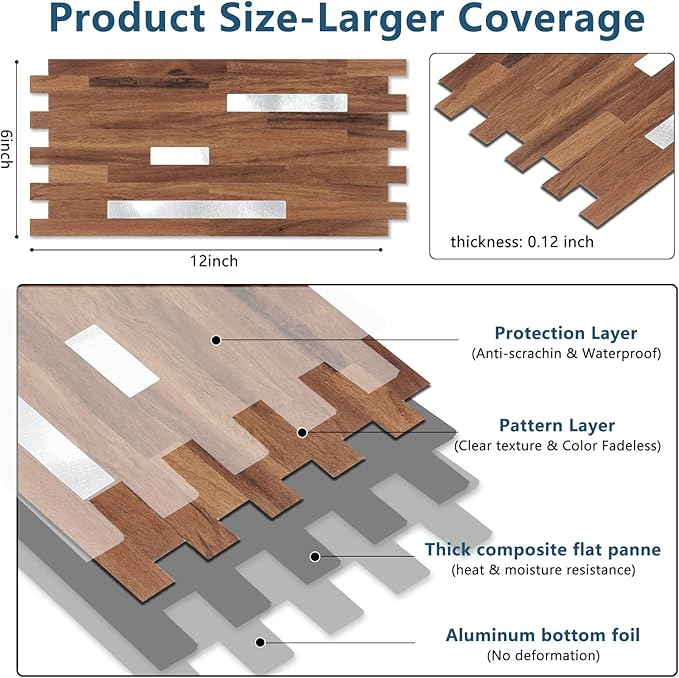 Yipscazo 40 Sheets PVC Wall Tiles Stick on Tiles for Backsplash Kitchen, Bathroom, Laundry Room, Camper, Fireplace (6'' X 12'', Brown Wood)