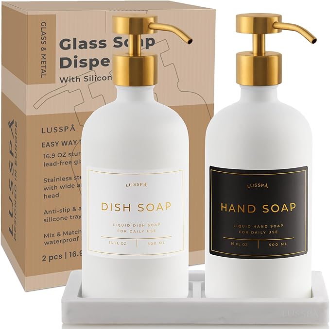 Lotion, Hand & Dish Soap Dispenser for Kitchen & Bathroom | Soap Dispenser Set of 2 16.8 Oz Glass Bottles with Stainless Steel Pump, 15 Water Proof Labels & Silicon Tray (White/Gold)