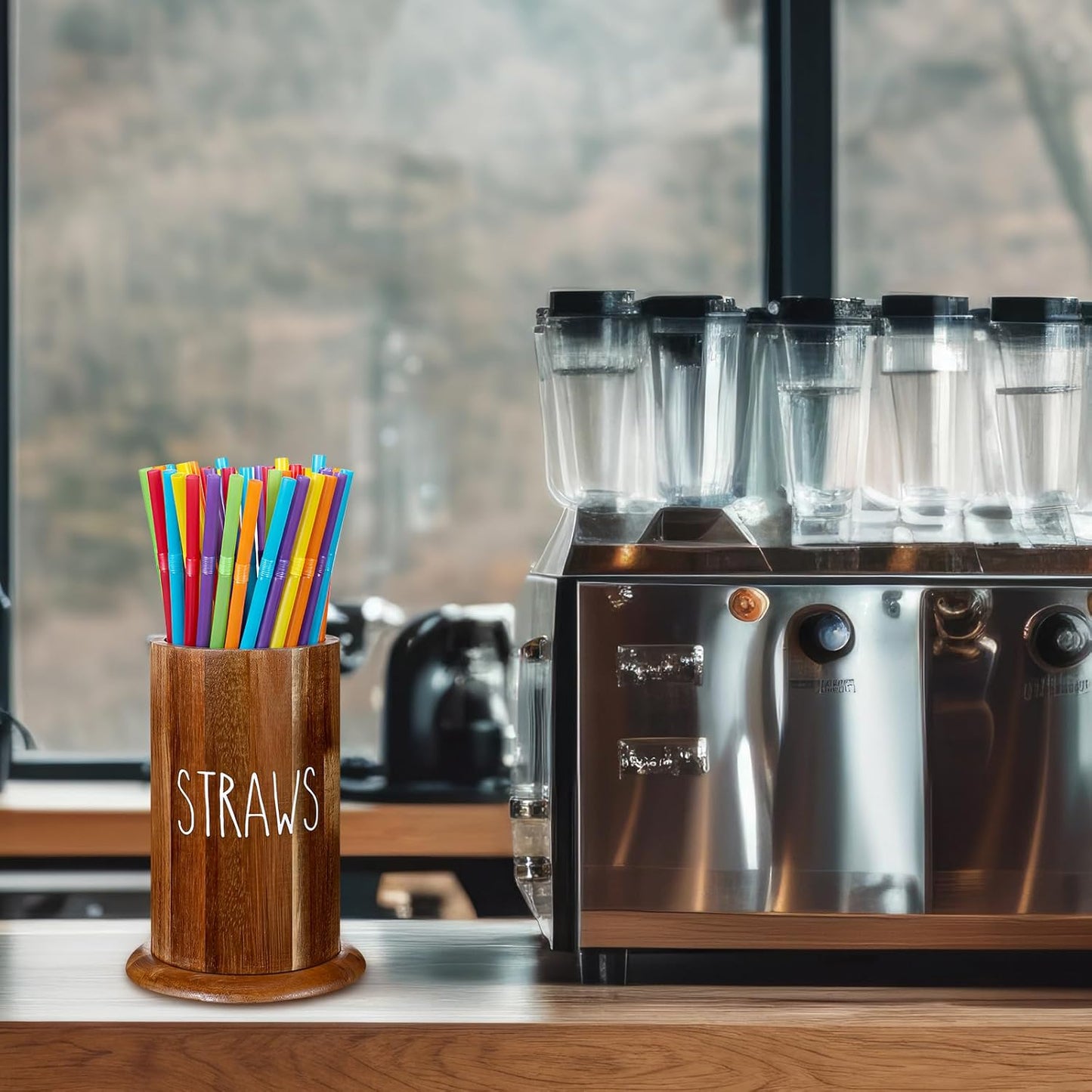 LemonRoad Straw Holder Dispenser Acacia Wood Straw Holder for Counter Large Utensil Organizer for Kitchen Flatware and Spatula Storage Organizer for Coffee Bar Party Countertop Pantry and Bathroom