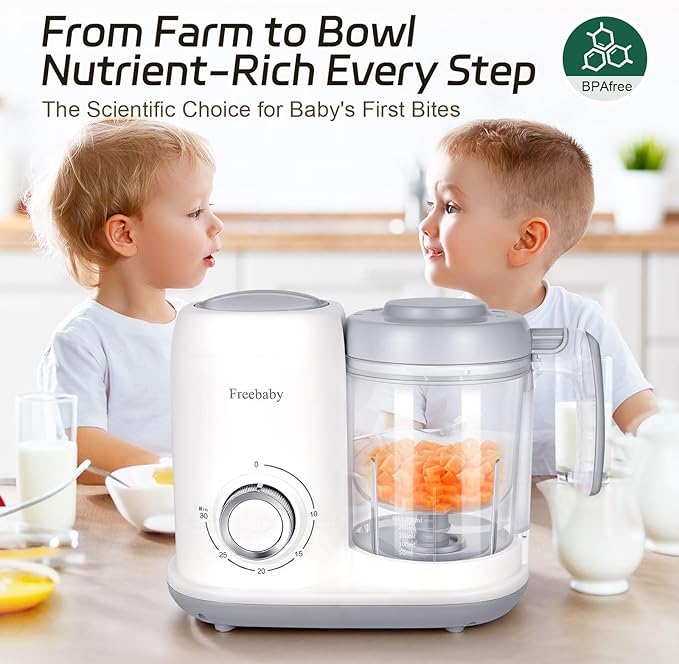 Freebaby 4 in 1 Baby Food Maker, One Step Baby Food Processor, Puree Blender Grinder Mills and Steamer, Baby Puree Maker with Steam Basket, One Button Easy Operation, BPA-Free