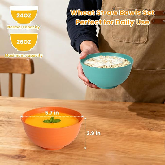 Homienly Plastic Bowls Alternative, Unbreakable Wheat Straw Cereal Bowls 8 PCS - Microwave & Dishwasher Safe Bowl for Cereal, Snack, Rice, Salad, Soup Bowls for Kitchen, Camping, Party(Muliti,26 OZ)