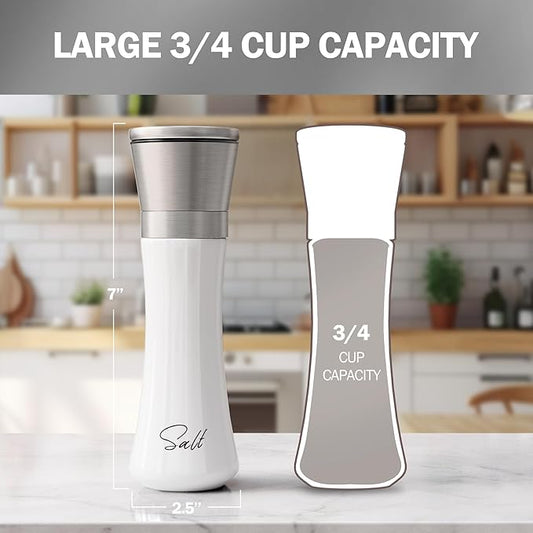 HOME EC Stainless Steel Salt and Pepper Grinder Set of 2 - Adjustable Ceramic Sea Salt Grinder & Pepper Grinder - Glass Salt and Pepper Shakers - Pepper Mill & Salt Mill W/Funnel - Black and White