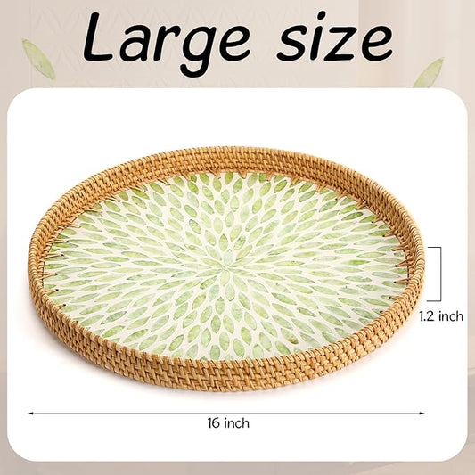 16 inch Round Rattan Tray with Mother of Pearl Inlay Wicker Serving Tray with Wooden Base Boho Decorative Wicker Basket for Table Decor Bathroom Candle Perfume (Green Leaf)